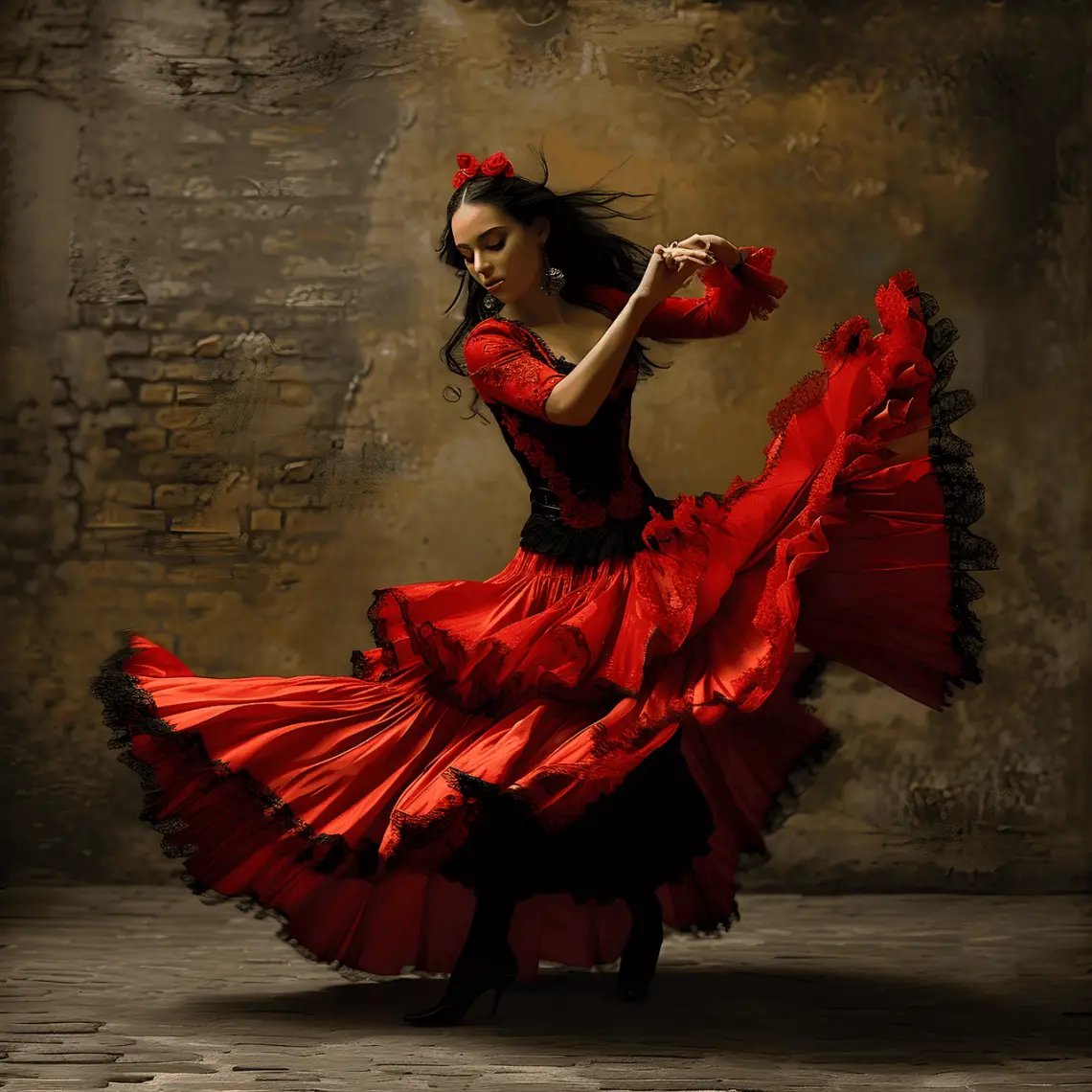 Barcelona, tanečnice flamenca, žena v červených šatech